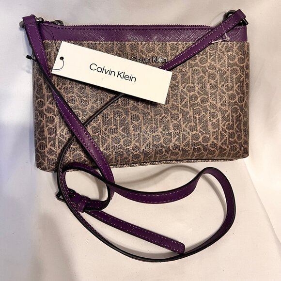 Calvin Klein-NWT- Crossbody Purse-Almond/Plum-Adjustable Strap-CK Logo - Picture 1 of 15